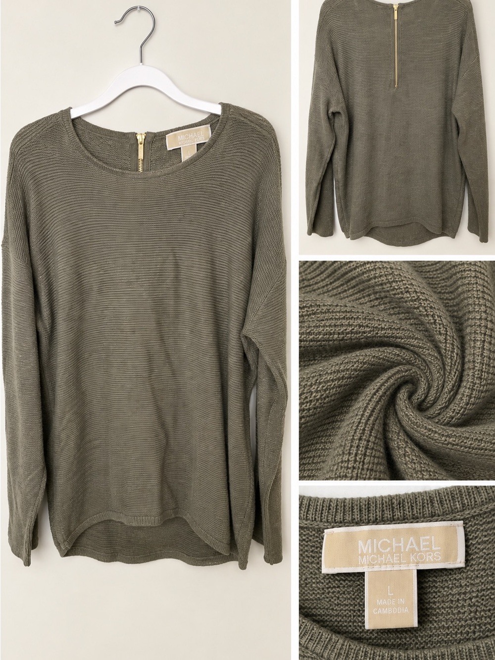 MICHAEL Michael Kors Olive Green Crewneck Sweater with Back Zip